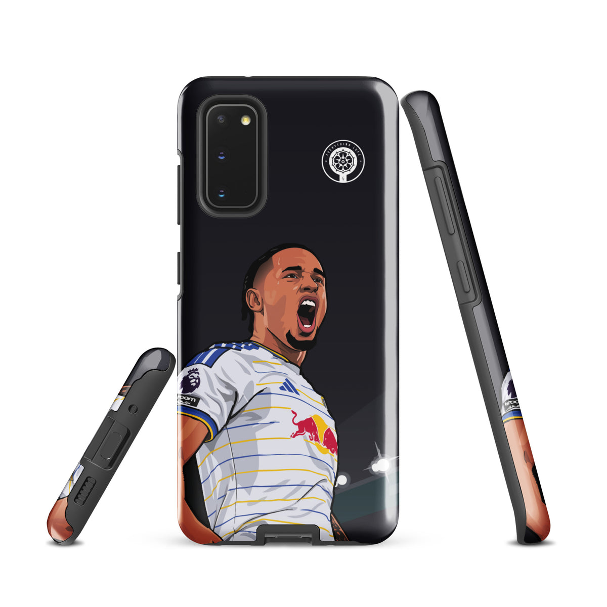 Black Samsung phone case back with Leeds crest, Noah Okafor graphic, and side cutout