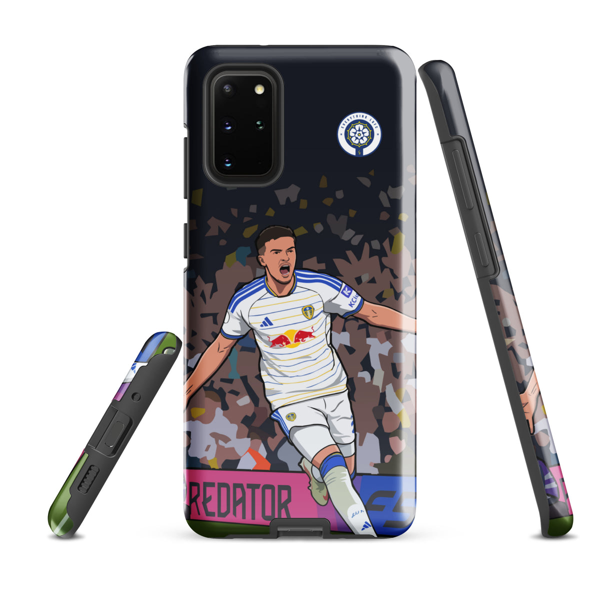 Tough Samsung phone case with dark camo background, player artwork, and crest emblem