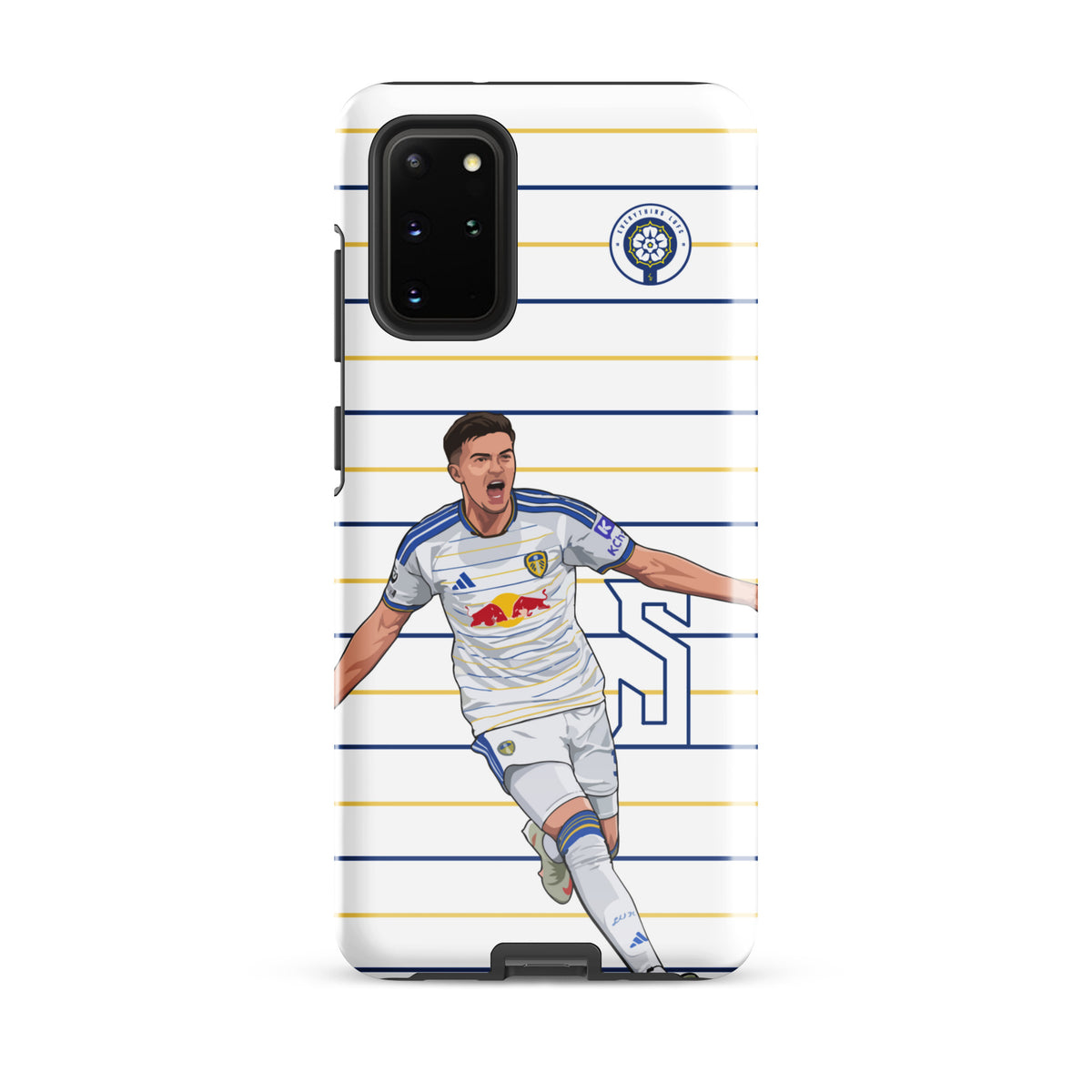Tough Samsung phone case with raised camera protector and blue-and-white striped player design