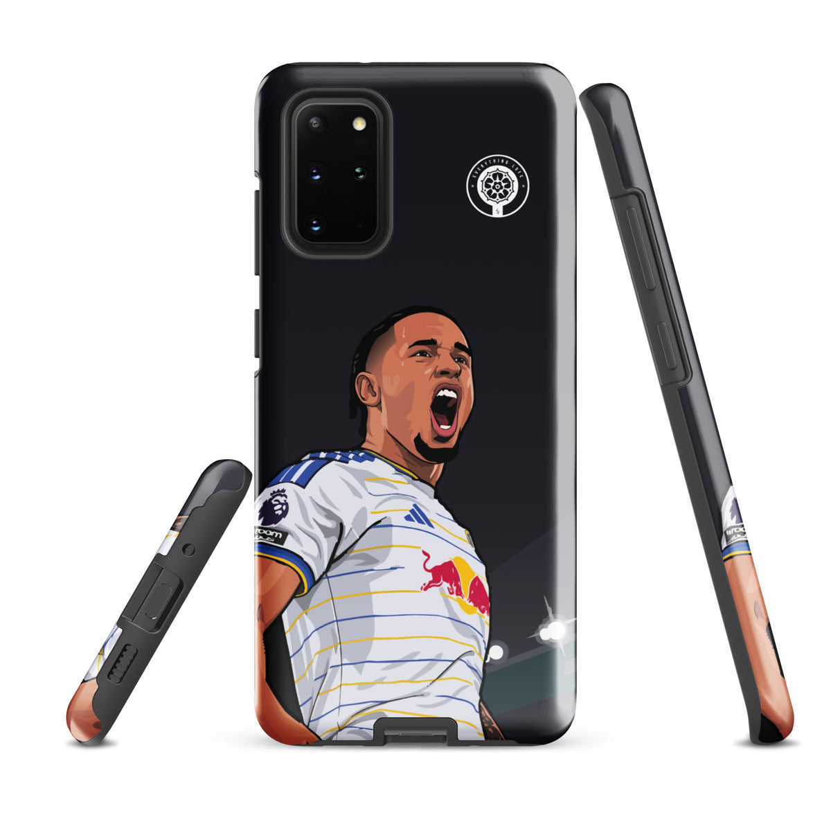 Black Samsung phone case showing back design with Leeds crest and Noah Okafor artwork