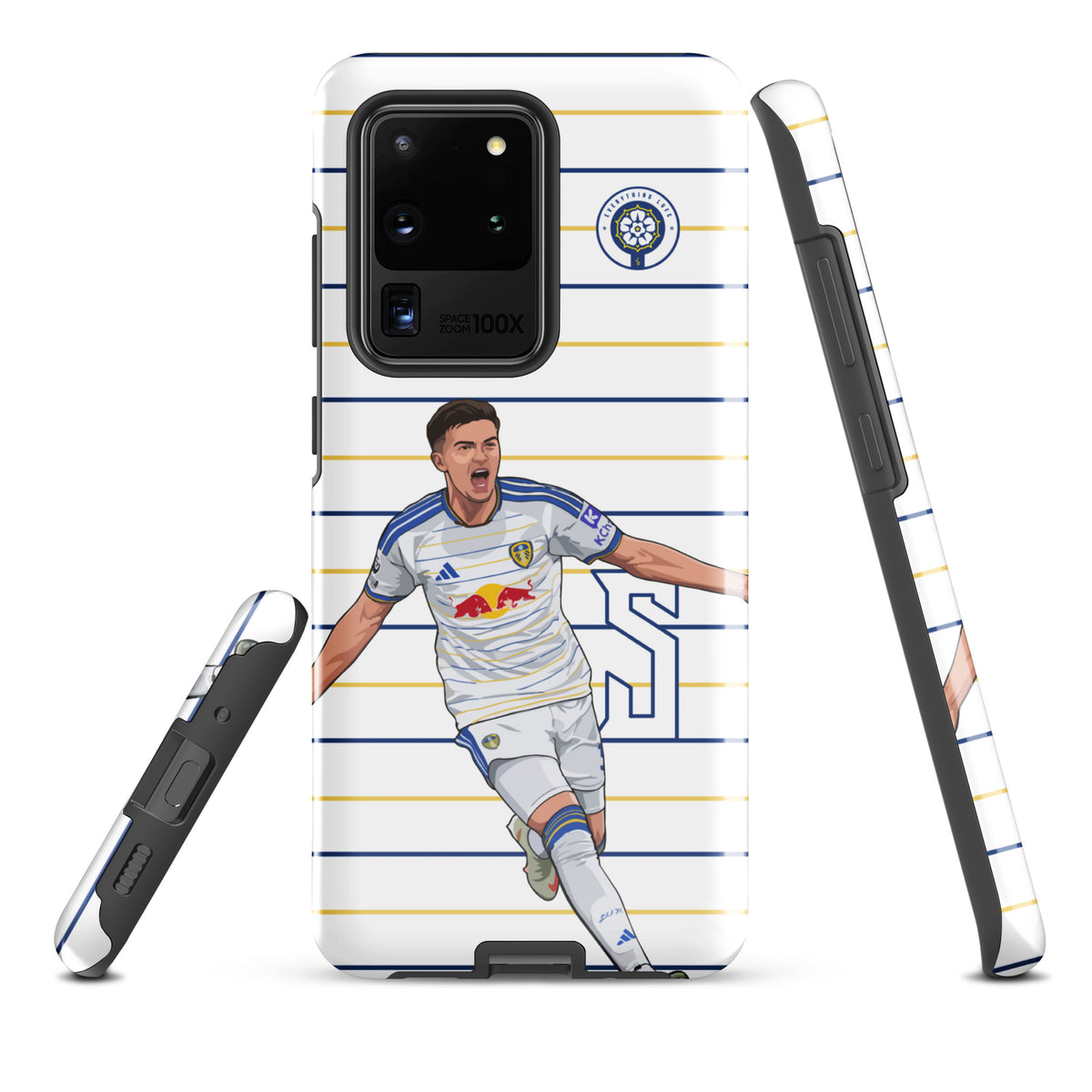 Tough Samsung phone case with football player graphic on blue-and-yellow stripes