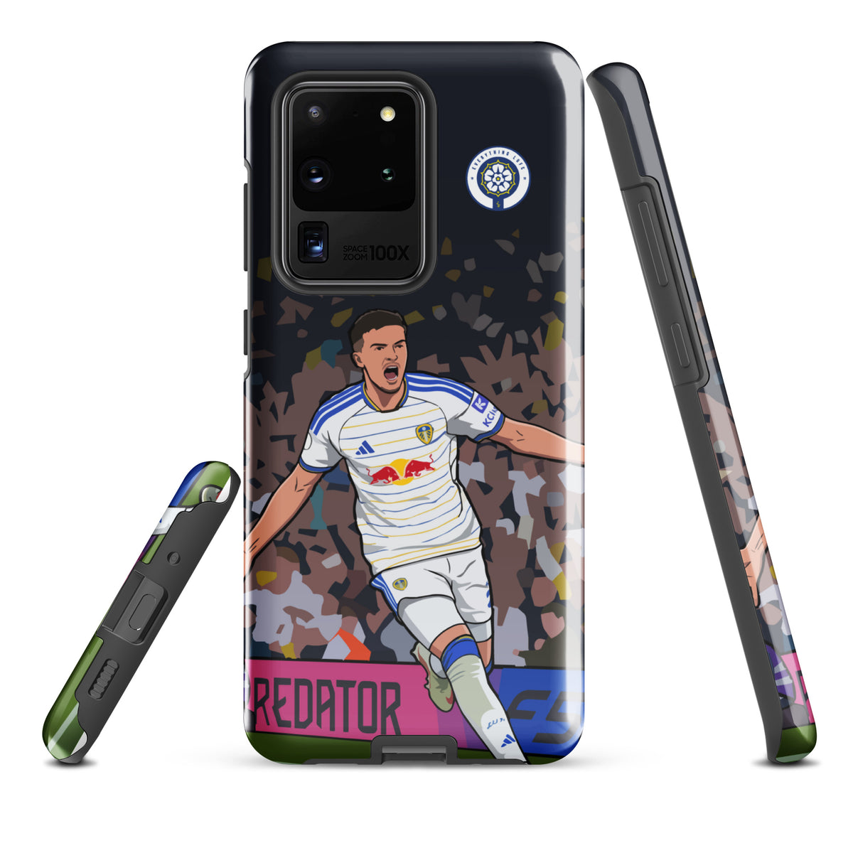 Tough Samsung phone case close-up back view with camera cutouts and player print