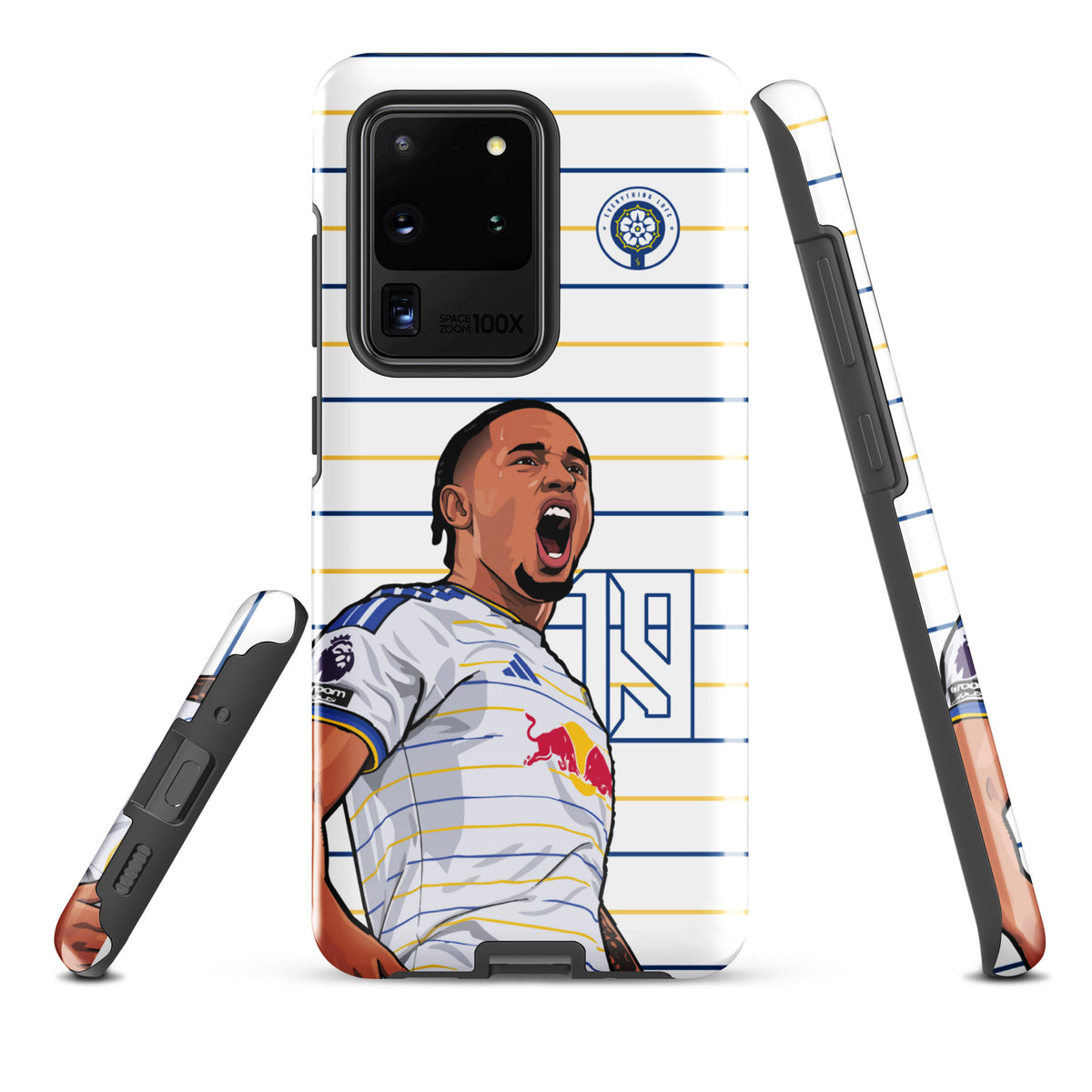 Tough Samsung phone case with large camera cutout and player celebration graphic on stripes