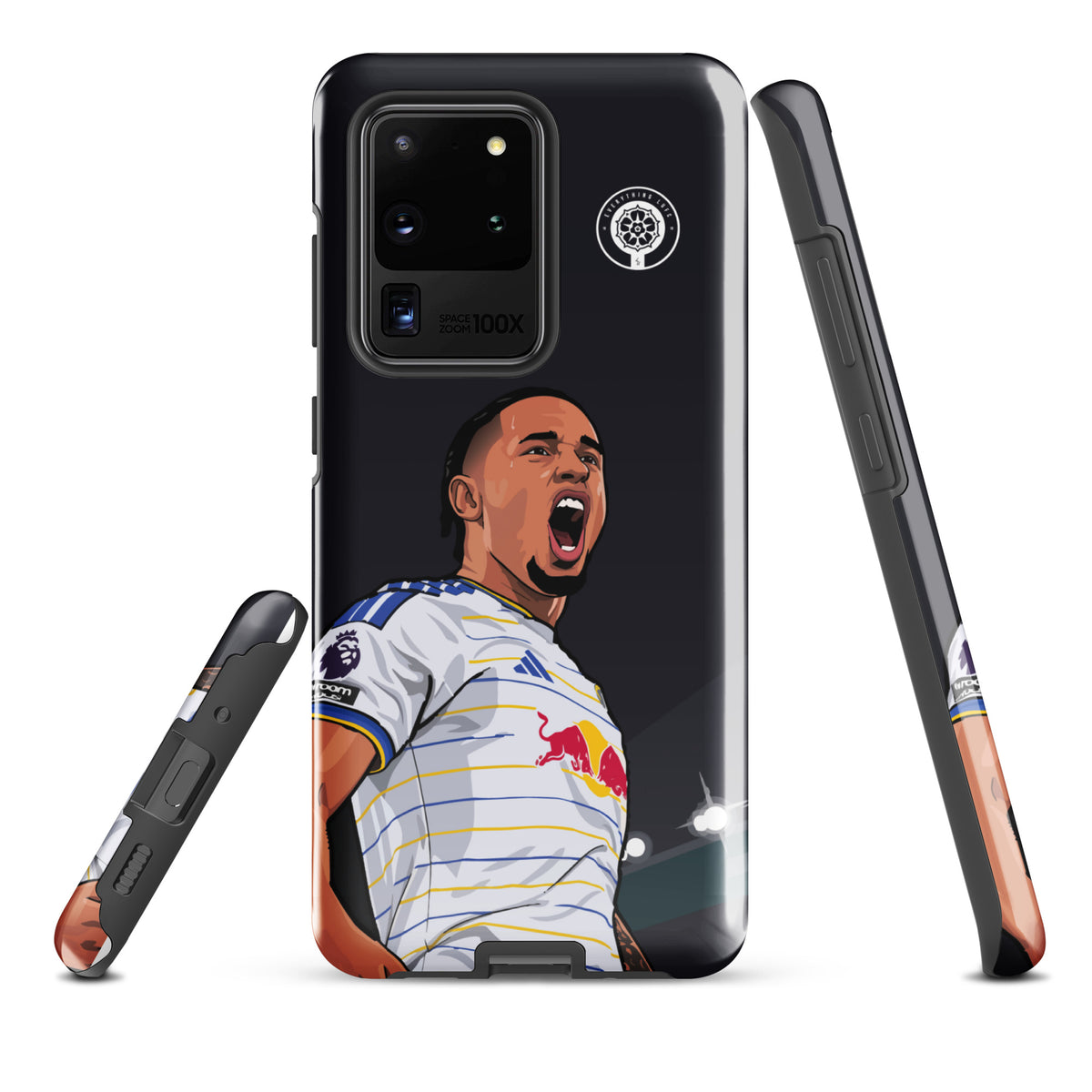 Black Samsung phone case with camera cutout, Leeds crest, and Noah Okafor stadium graphic