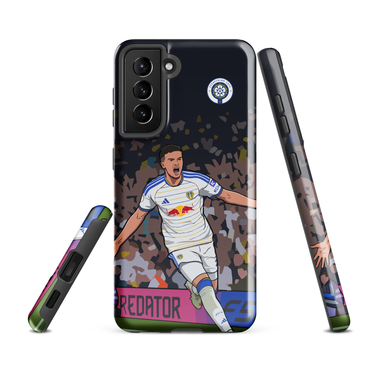 Tough Samsung phone case back and side view with player graphic and crest logo