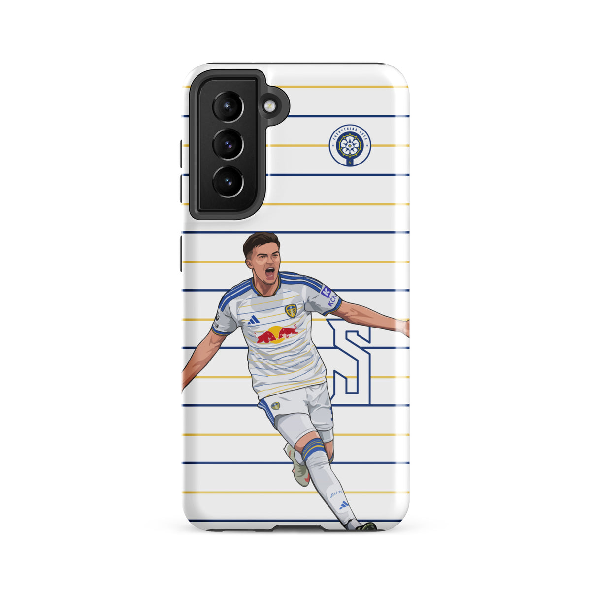 Tough Samsung phone case with dual camera cutout, blue-and-white stripes, and crest