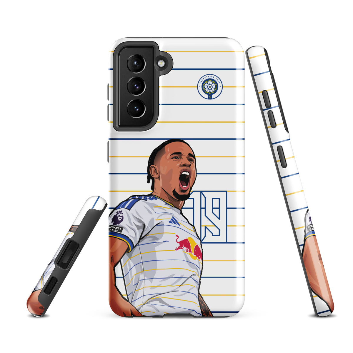 Tough Samsung phone case with back and raised side buttons, player celebration graphic