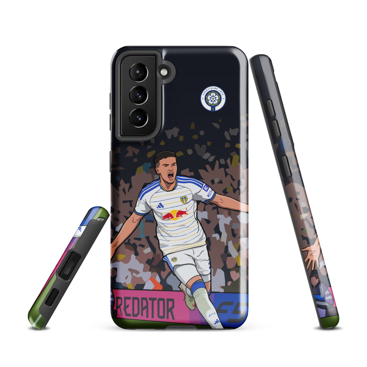 Tough Samsung phone case back with dark camo and football player graphic, crest badge