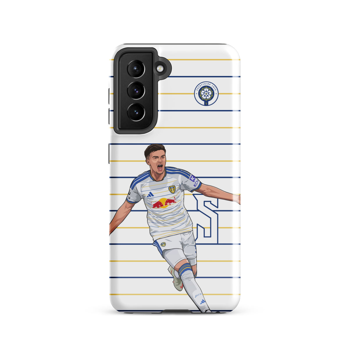 Tough Samsung phone case with blue-and-white stripes and soccer player on the back