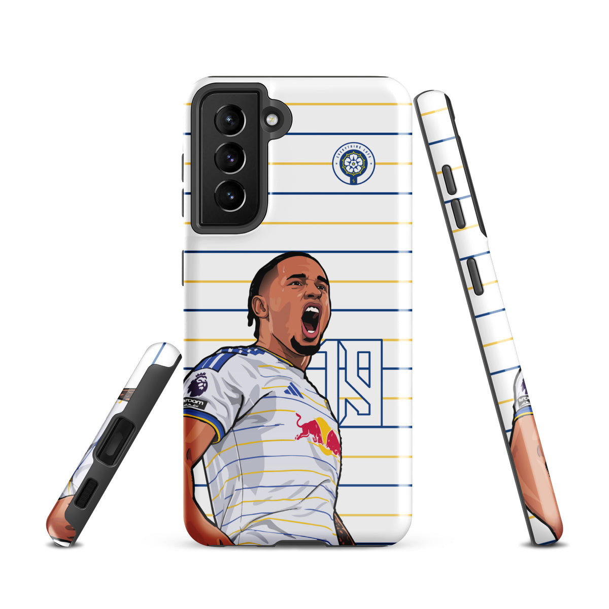 Tough Samsung phone case with close-up camera area and player celebration graphic