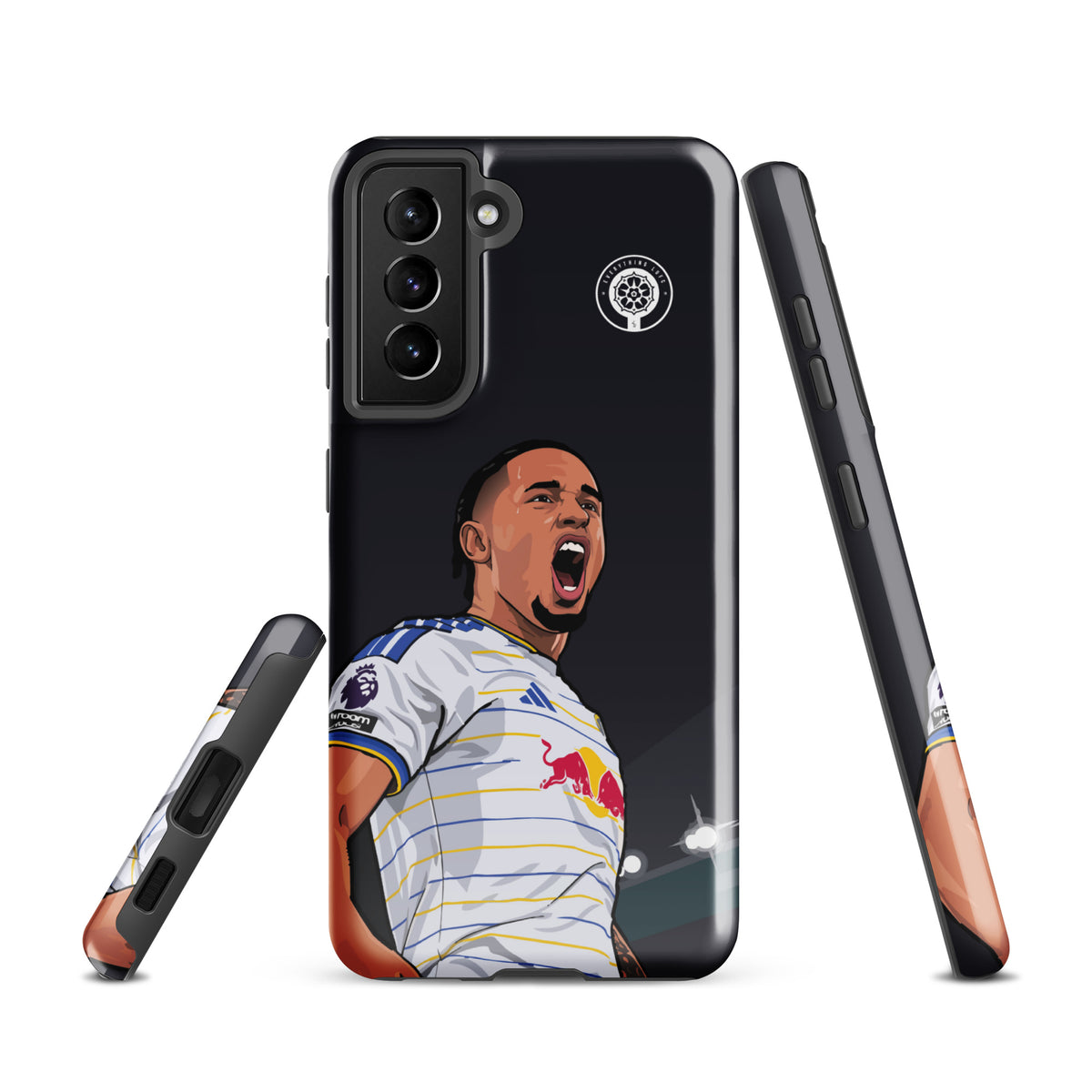 Black Samsung phone case back with multiple camera lenses, Leeds crest, and Okafor artwork