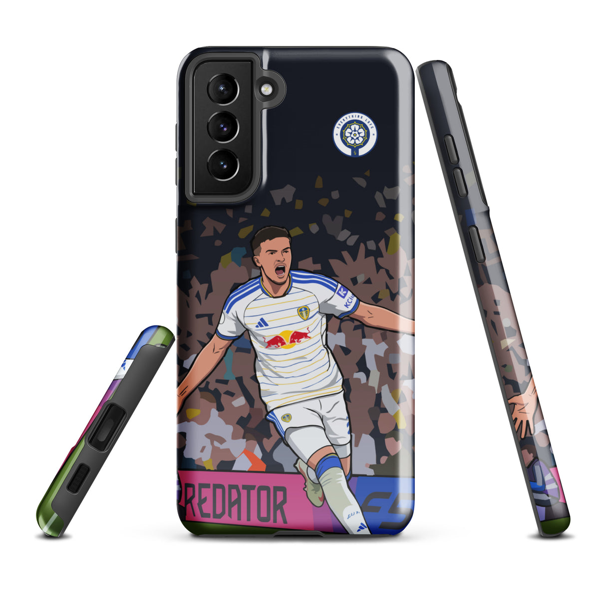 Tough Samsung phone case front and back angles, dark camo player artwork, team crest