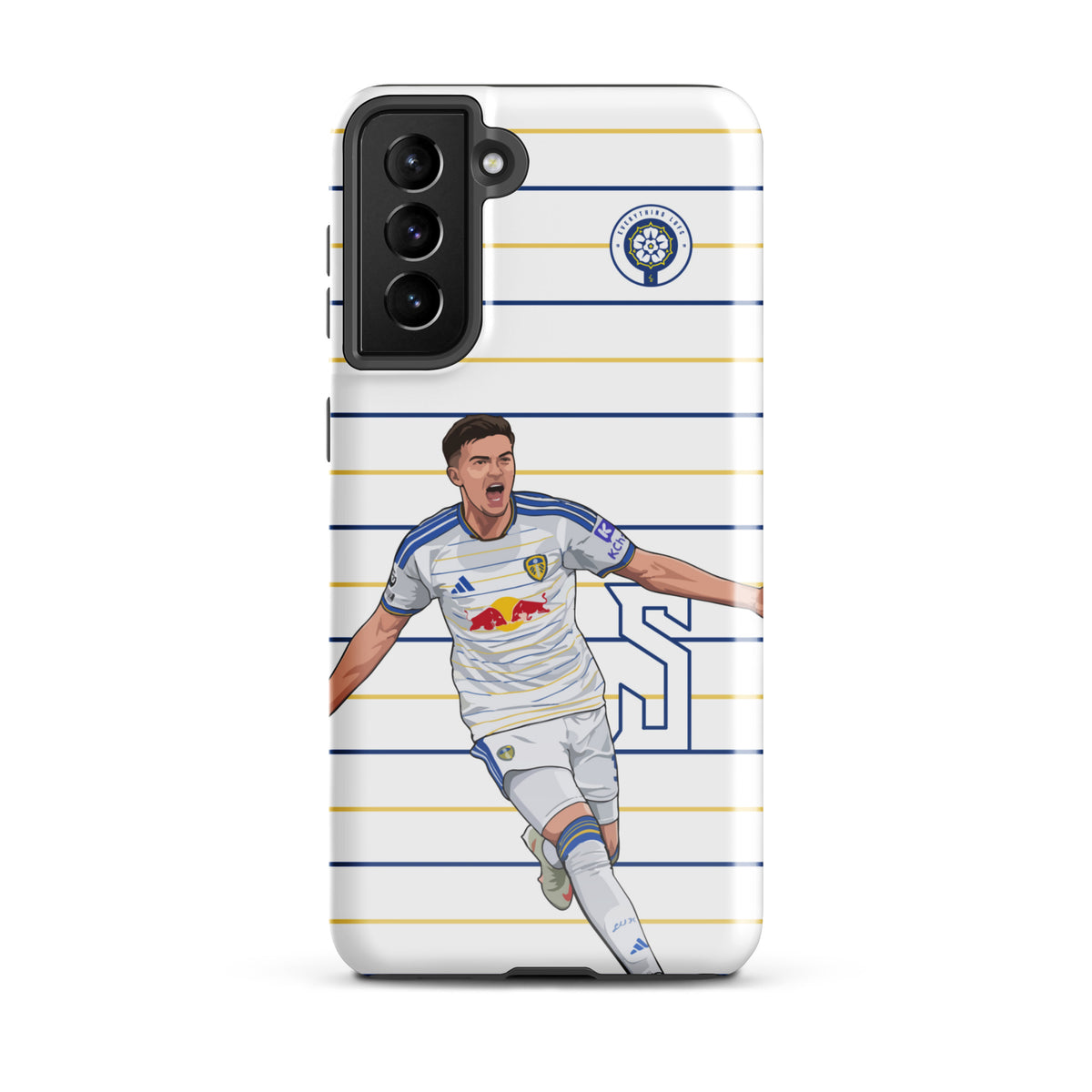 Tough Samsung phone case with triple camera cutout, blue-and-white stripes, and player graphic