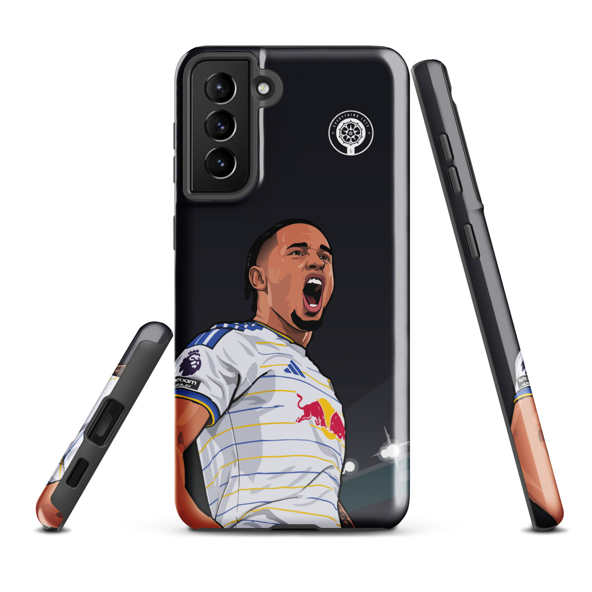 Black Samsung phone case back featuring Leeds crest and Noah Okafor celebratory graphic
