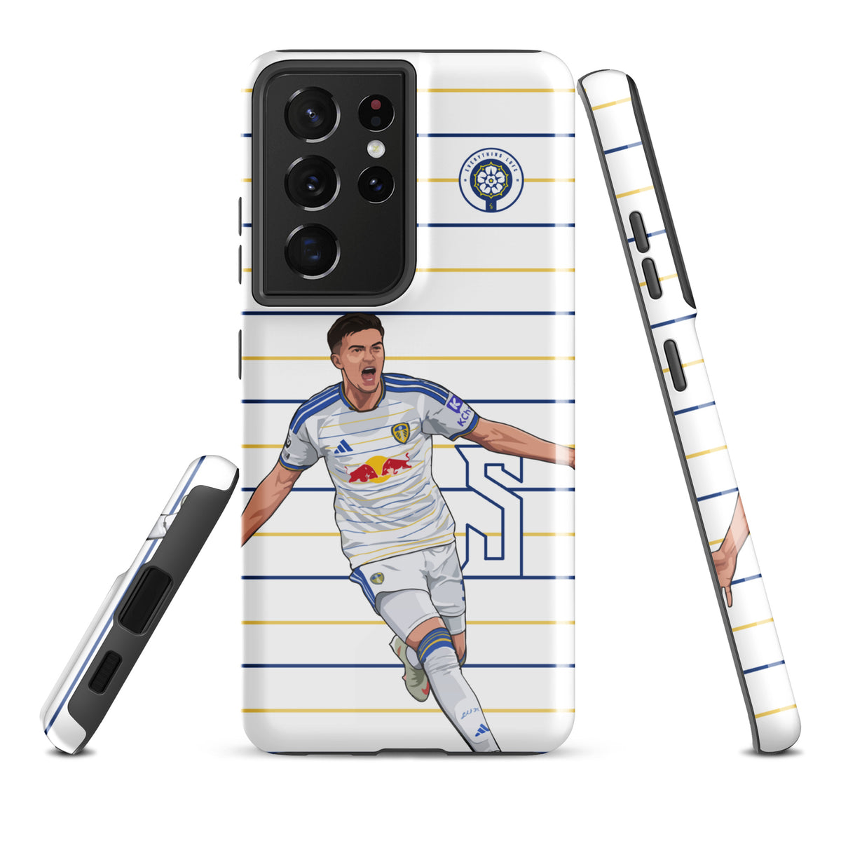 Tough Samsung phone case, back and side view, blue-and-yellow striped player design