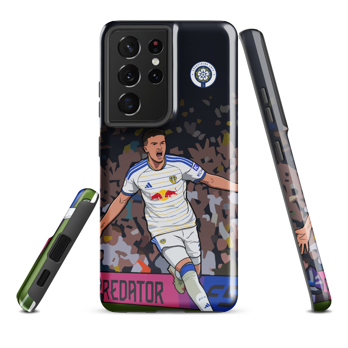 Tough Samsung phone case with dark camo player scene and raised camera protection