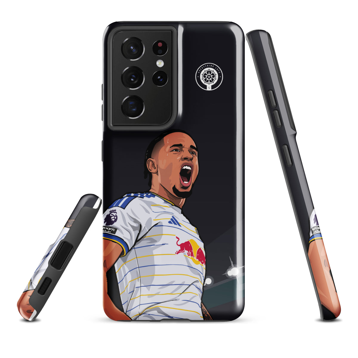 Black Samsung phone case back with Leeds crest, Noah Okafor graphic, and side frame