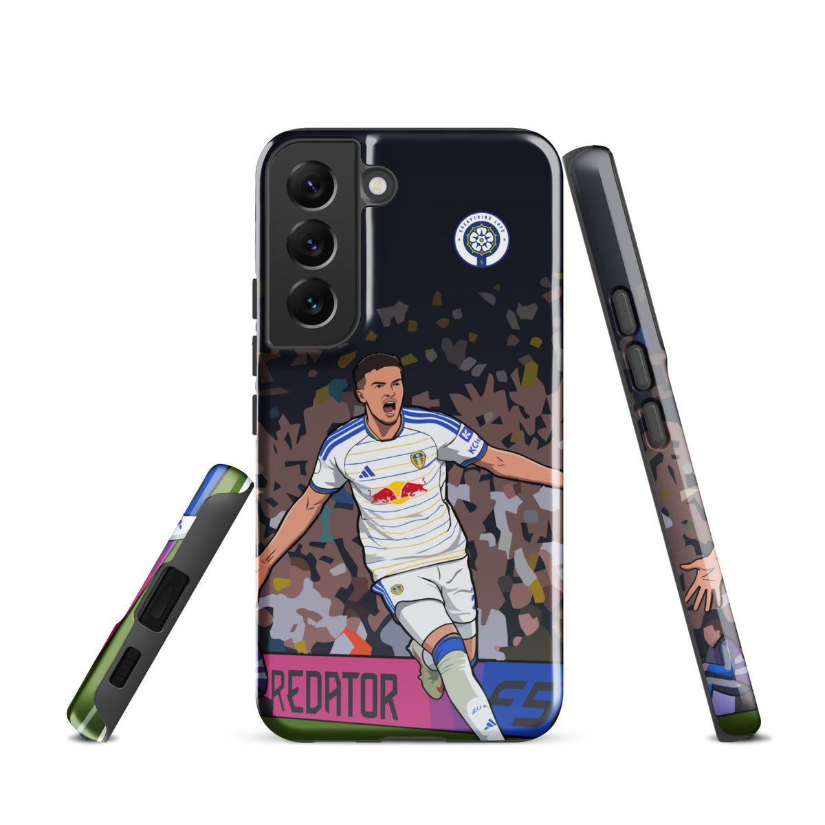 Tough Samsung phone case back view with dark camo, football player artwork, crest badge