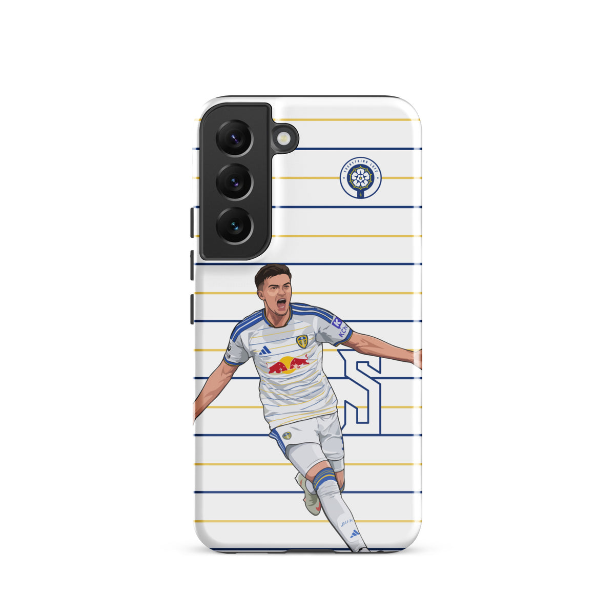 Tough Samsung phone case with triple-camera cutout and Leeds player graphic on stripes