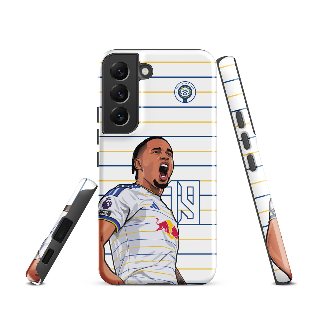 Tough Samsung phone case with centered player celebration artwork on blue and yellow stripes