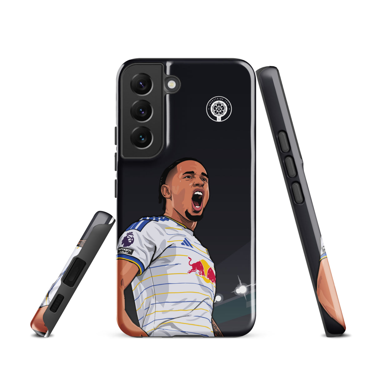 Black Samsung phone case back with Leeds crest and Noah Okafor stadium image