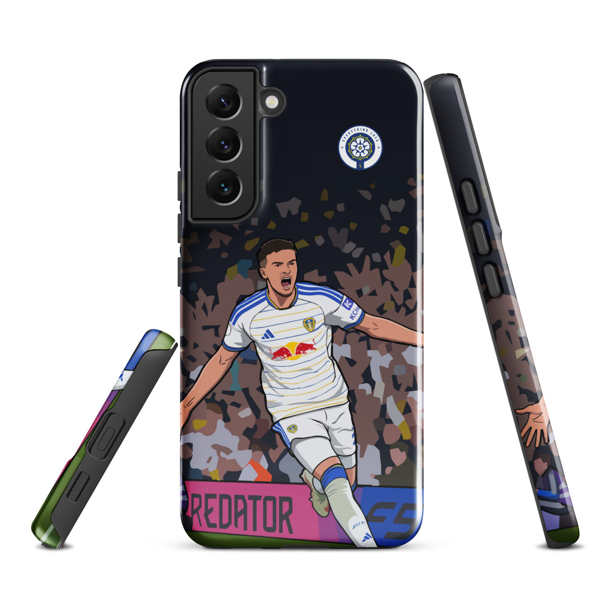 Tough Samsung phone case with dark camo pattern, player print, and protective side profile
