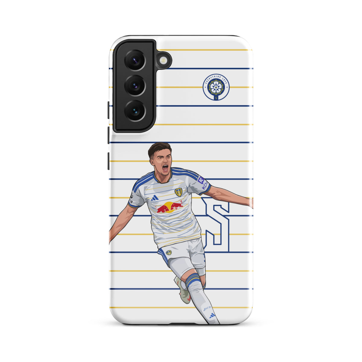 Tough Samsung phone case with Leeds player celebration graphic on white blue stripes