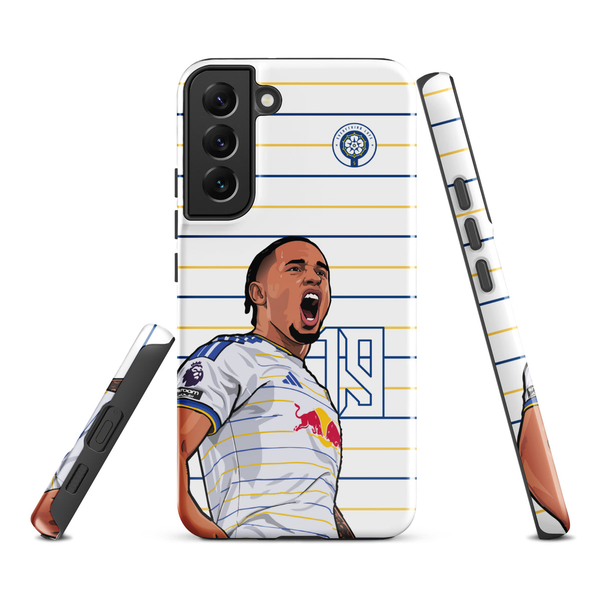 Tough Samsung phone case with back camera openings and player celebration graphic