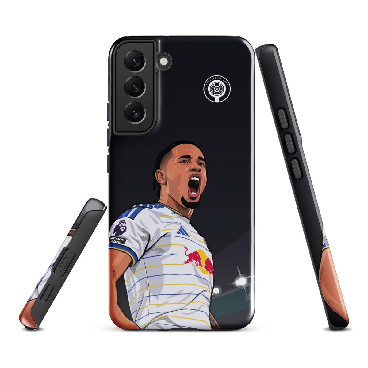 Black Samsung phone case with Leeds crest and Noah Okafor graphic on back panel