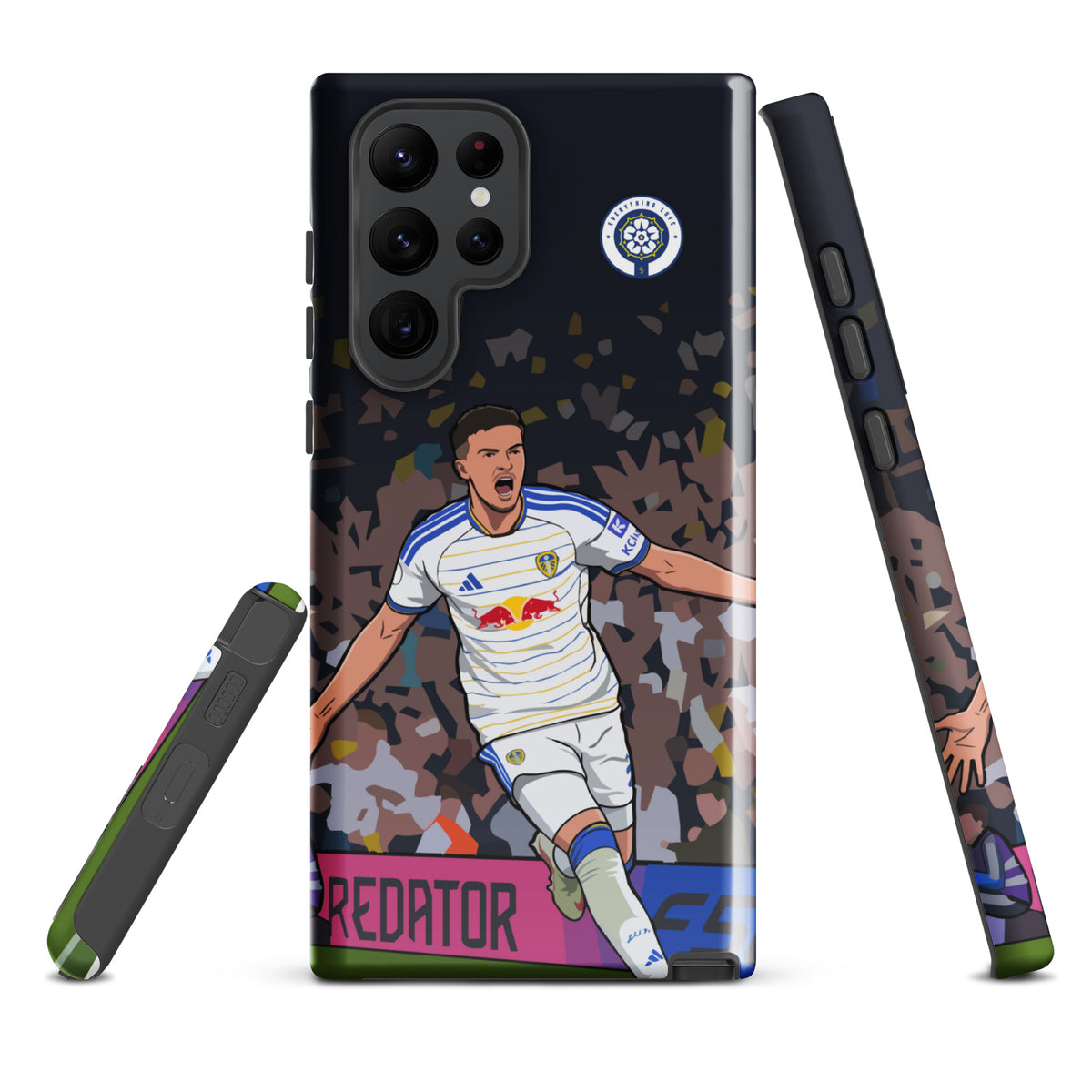 Tough Samsung phone case with player action graphic and camera cutouts