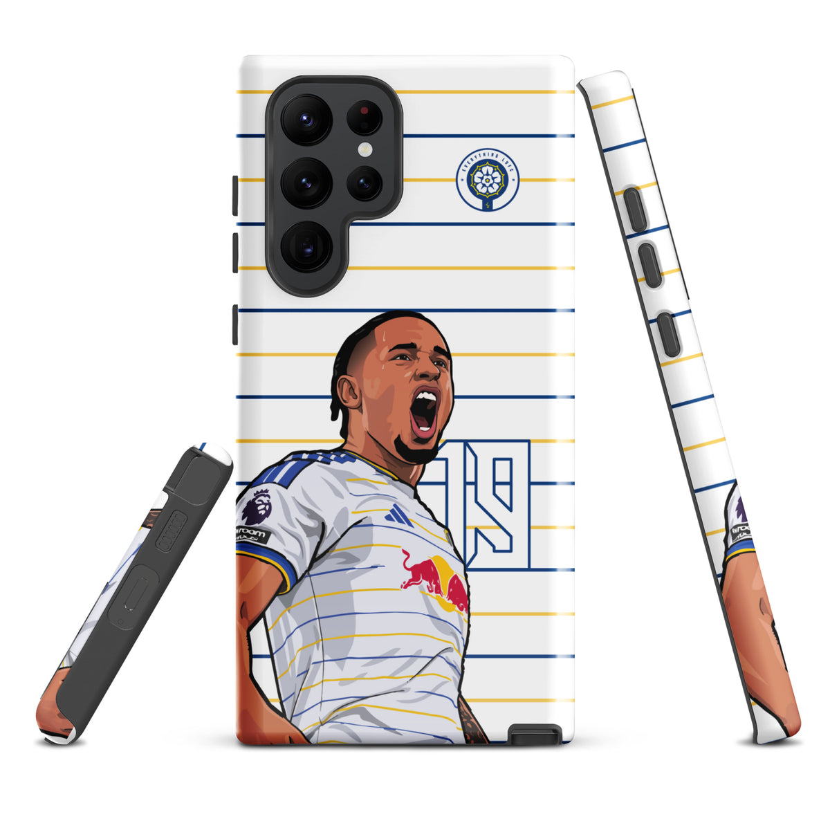 Tough Samsung phone case with Leeds crest, striped background, and Okafor player artwork