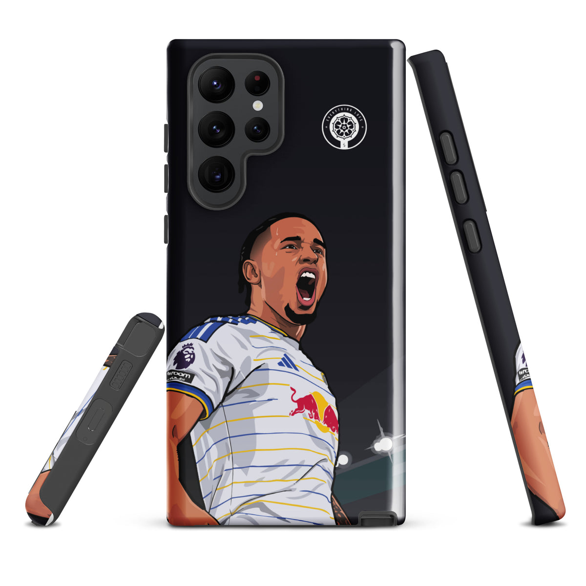 Tough Samsung phone case with black frame, player graphic, and camera cutouts