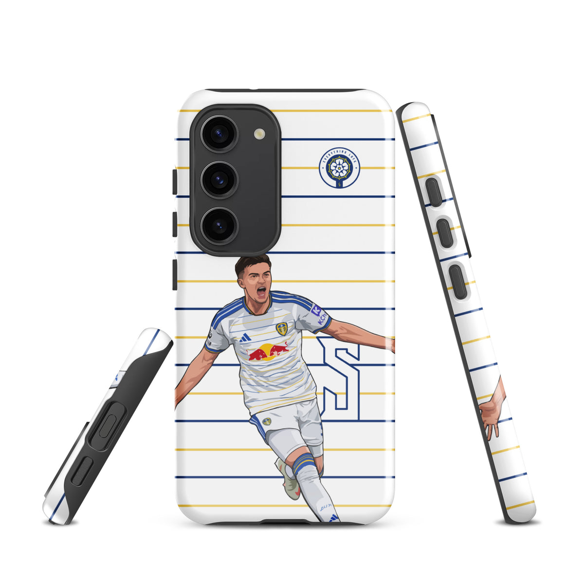 Tough Samsung phone case with striped pattern and football player illustration on back