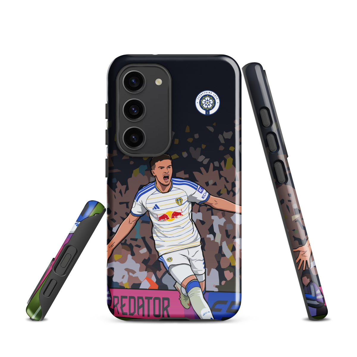 Tough Samsung phone case, front view with side buttons and player artwork