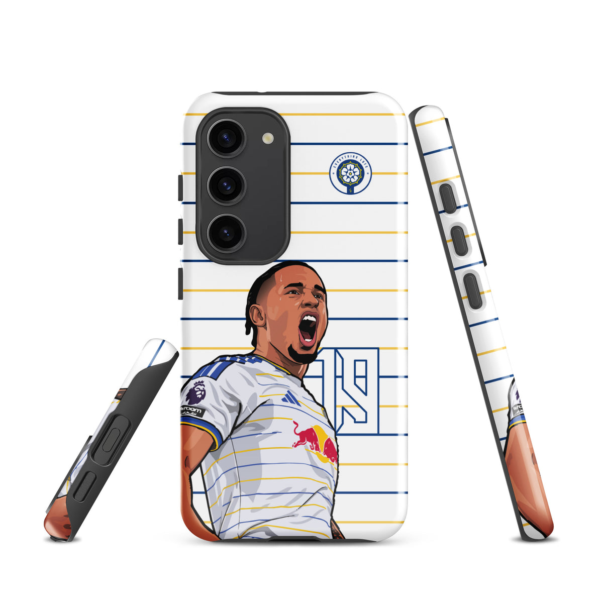 Tough Samsung phone case showing front with Okafor celebration graphic and camera cutout