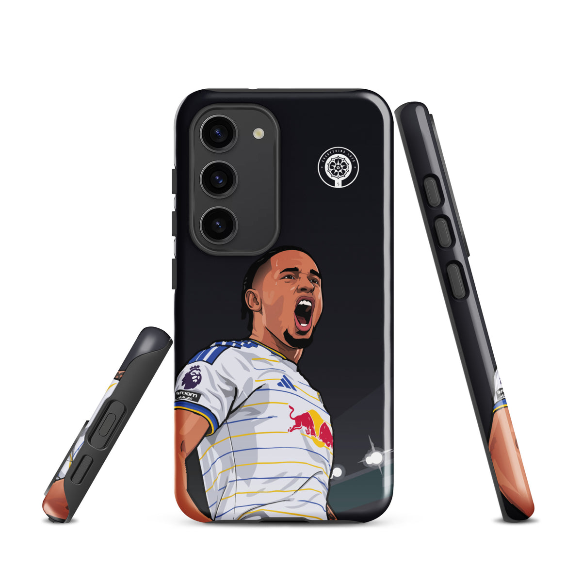 Tough Samsung phone case showing black back, player graphic, and side button cutouts
