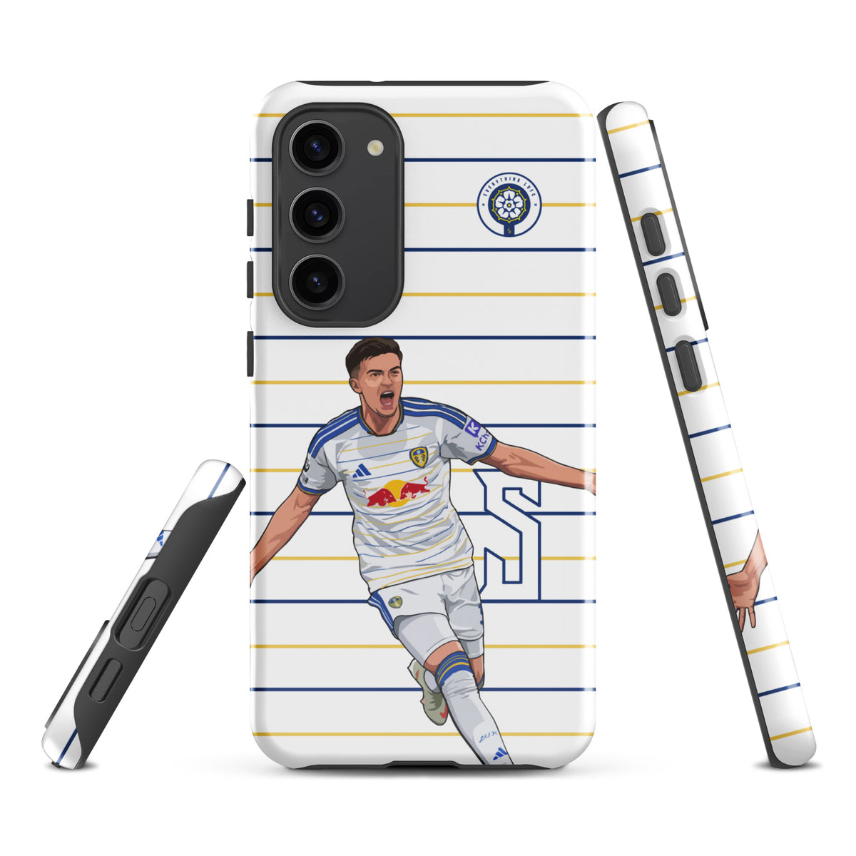 Tough Samsung phone case with blue-and-yellow stripes and football player action artwork
