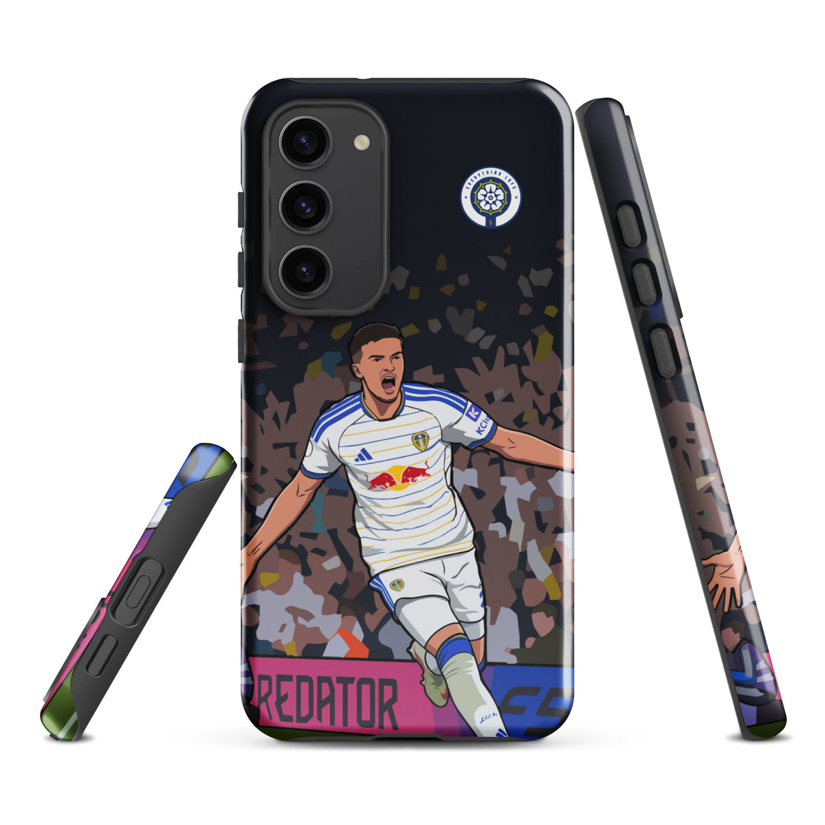 Tough Samsung phone case with player graphic, raised edges, and camera openings
