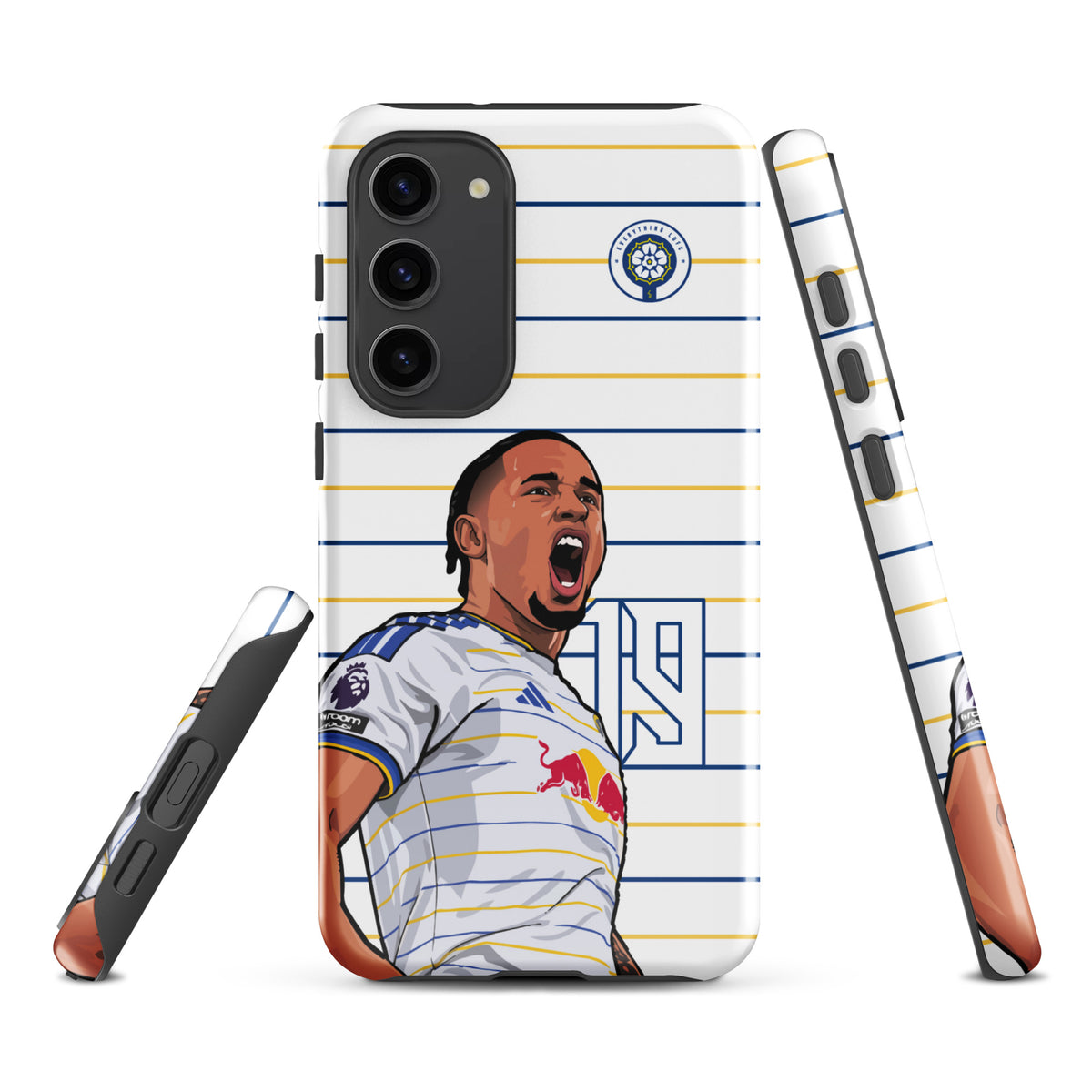 Tough Samsung phone case front view with Leeds badge and Okafor player illustration