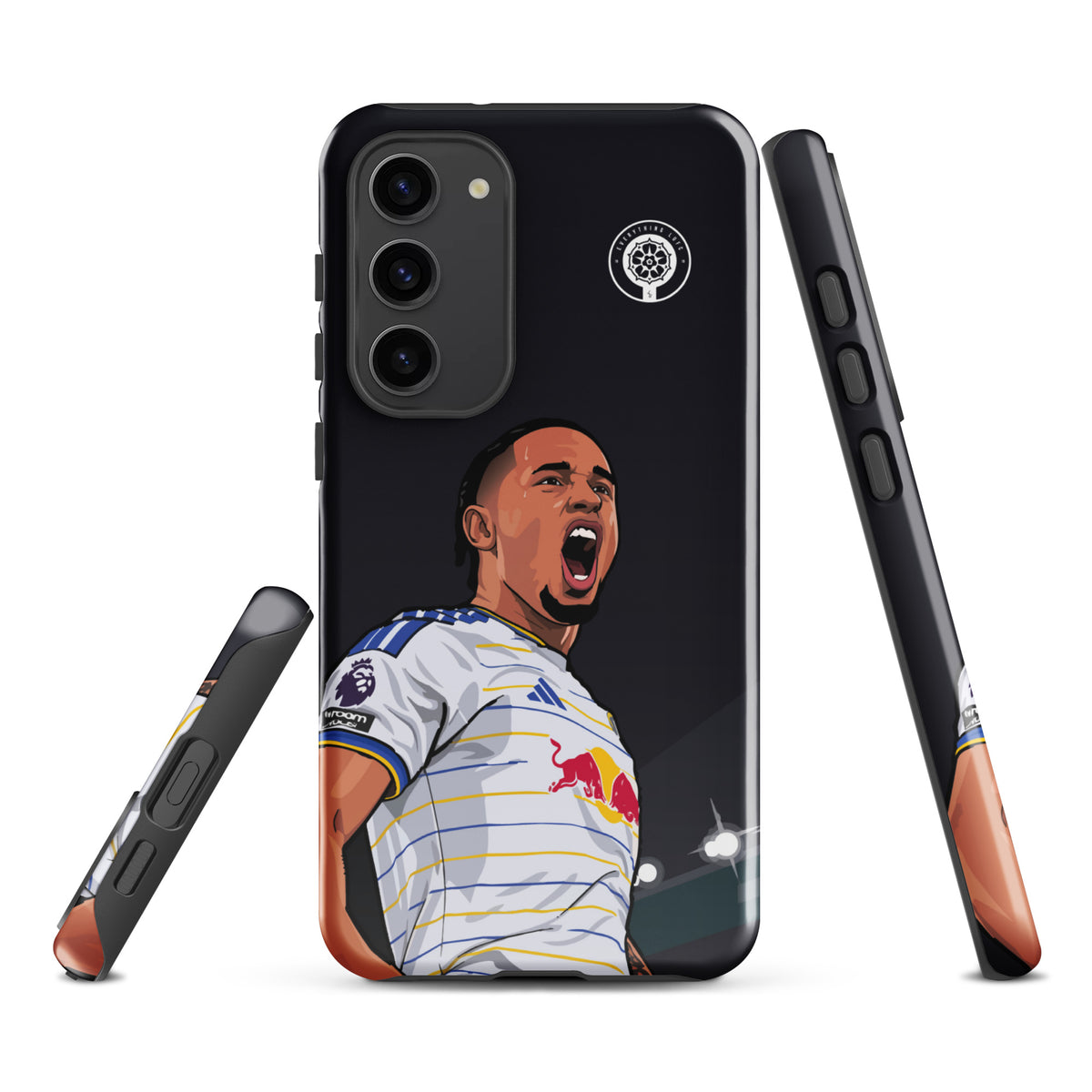 Tough Samsung phone case with glossy black back, player graphic, and raised camera area