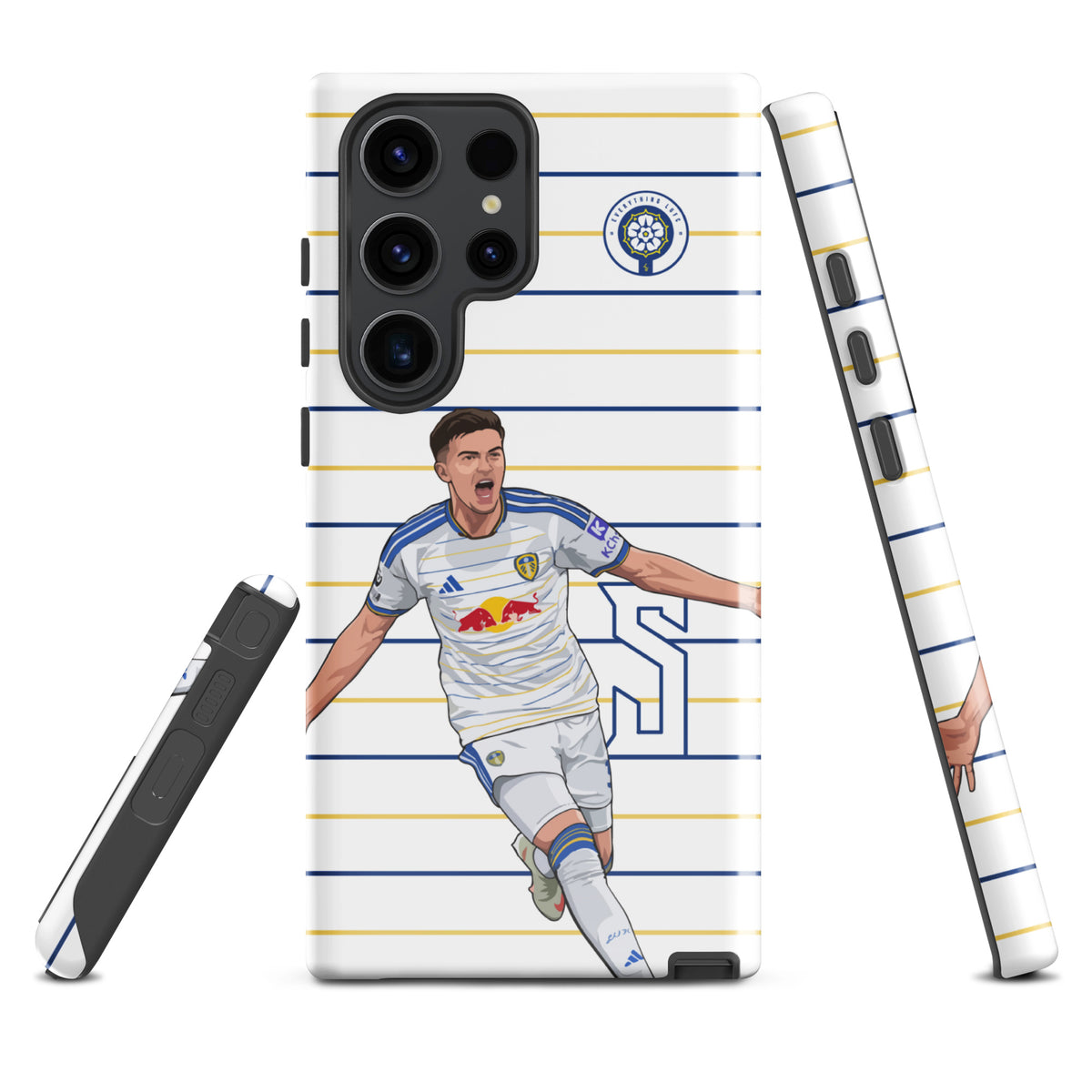 Tough Samsung phone case, back view with football player graphic on striped background