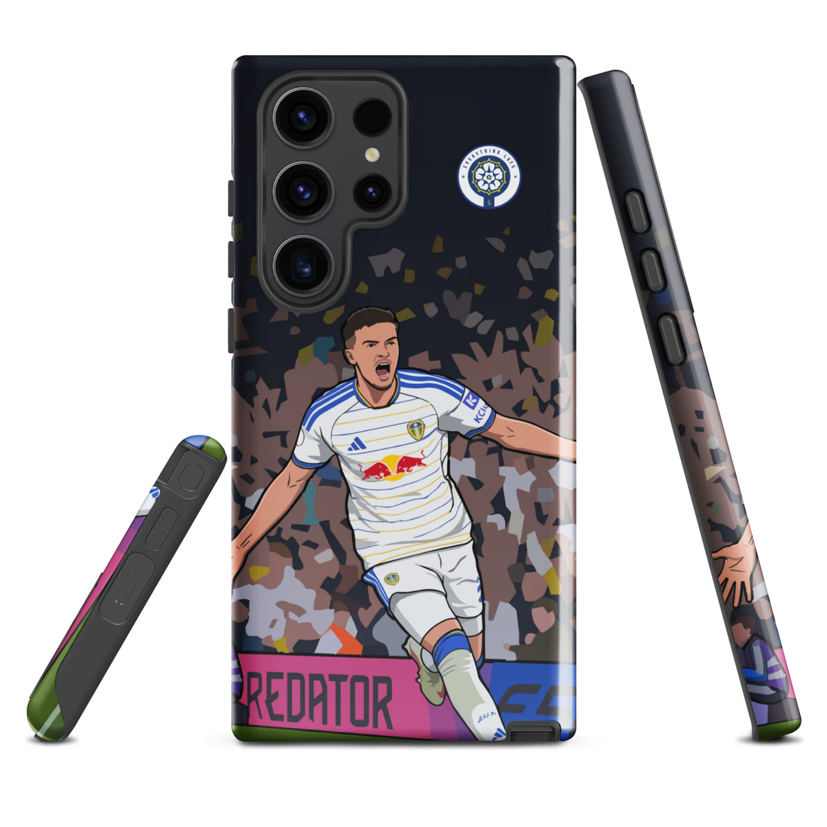 Tough Samsung phone case showing player artwork, side profile with buttons