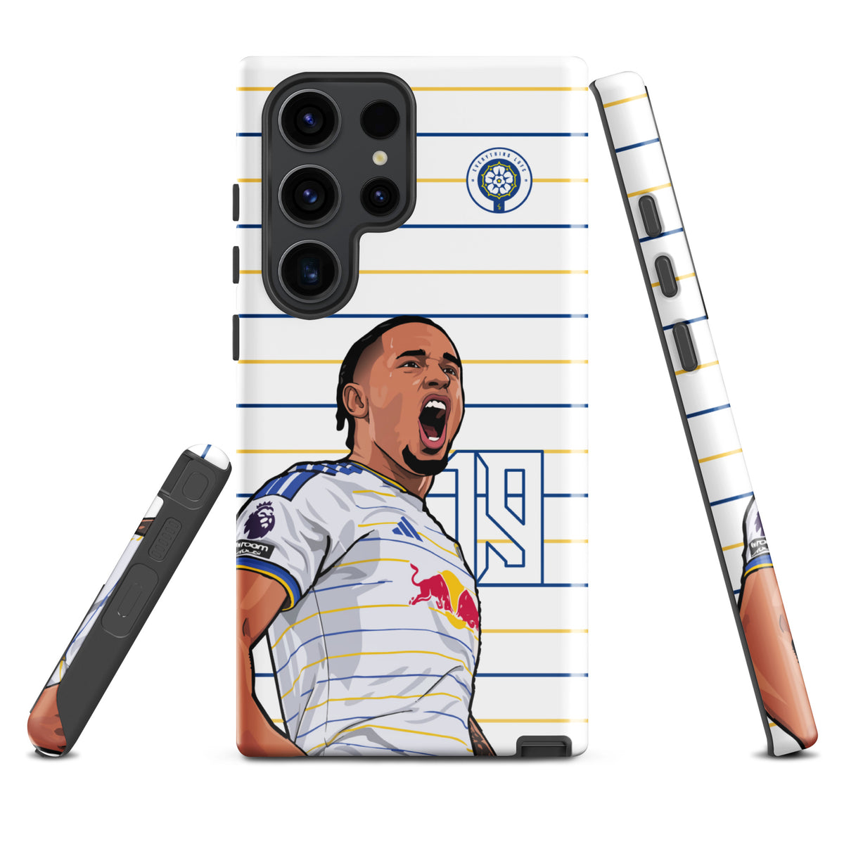 Tough Samsung phone case front with striped design, Leeds crest, and player artwork