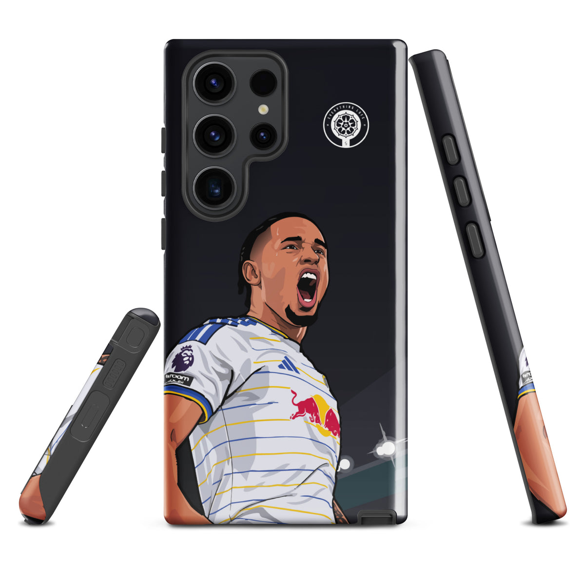 Tough Samsung phone case with black back, player graphic, and camera and speaker openings