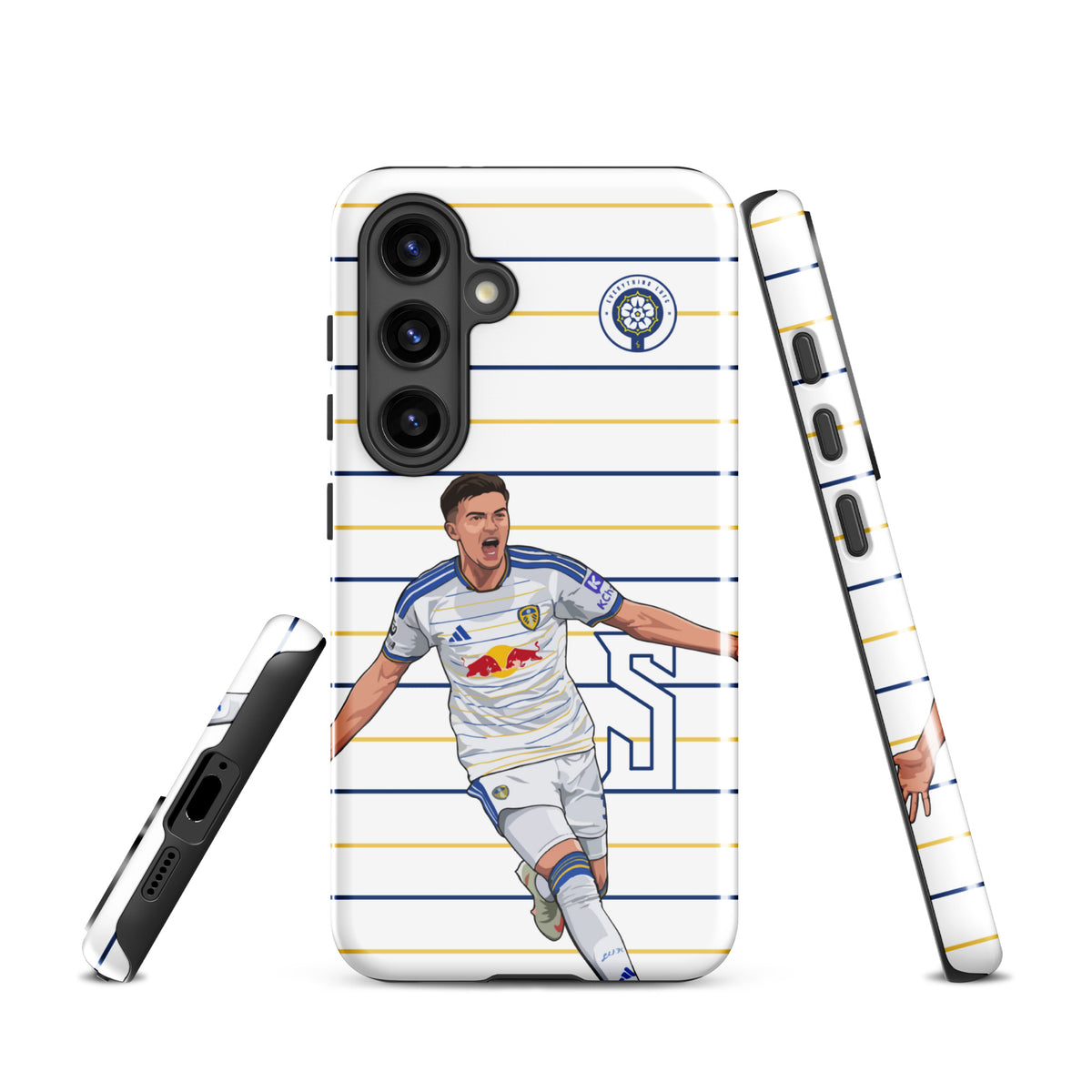 Tough Samsung phone case with raised camera cutouts and blue-and-yellow striped player design