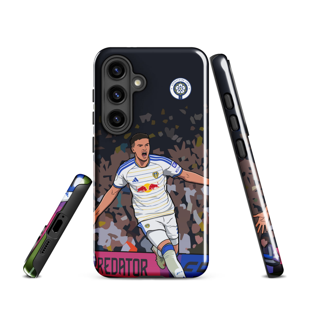 Tough Samsung phone case, front-facing with player graphic and protective bumper