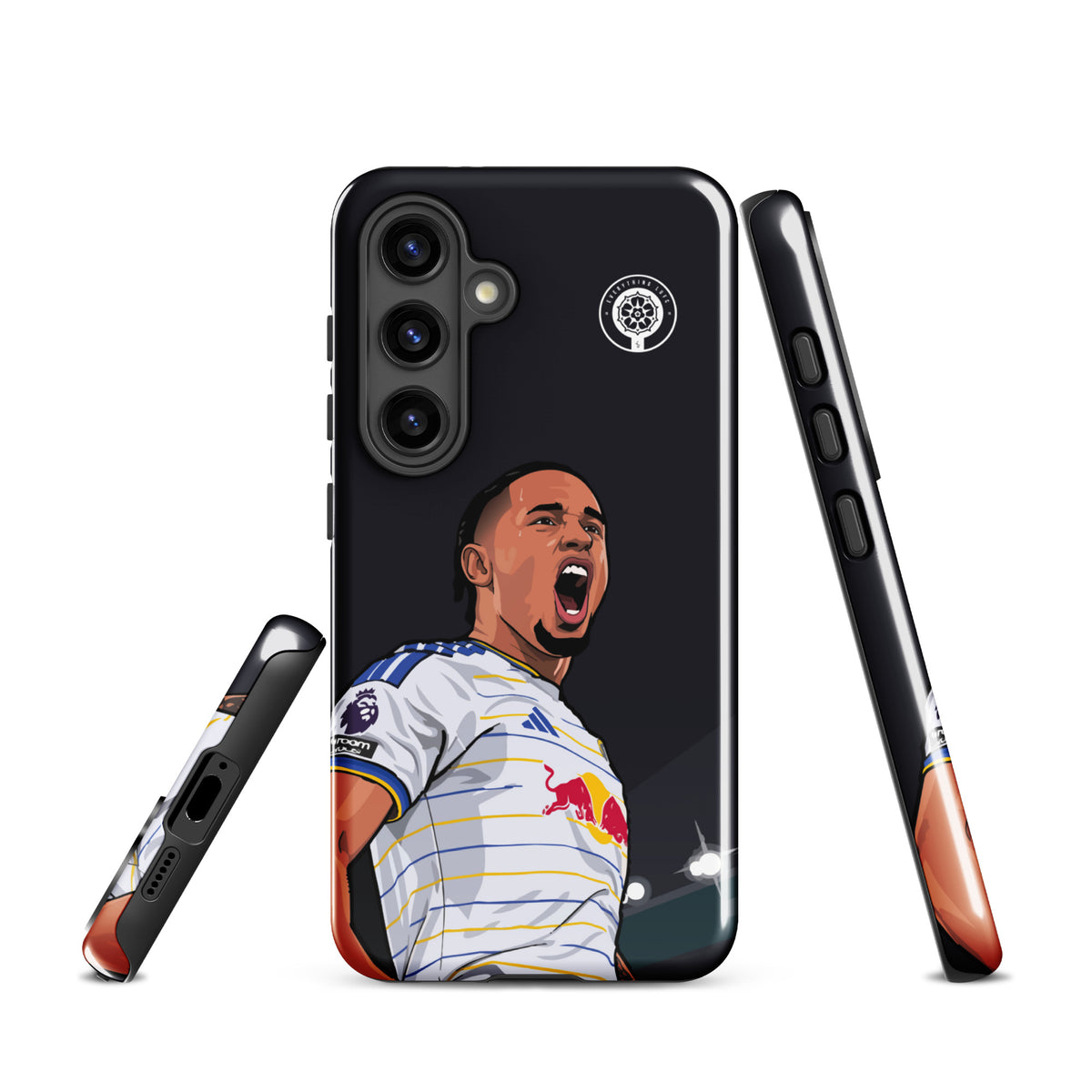 Tough Samsung phone case with black frame, player graphic, and protective side edges