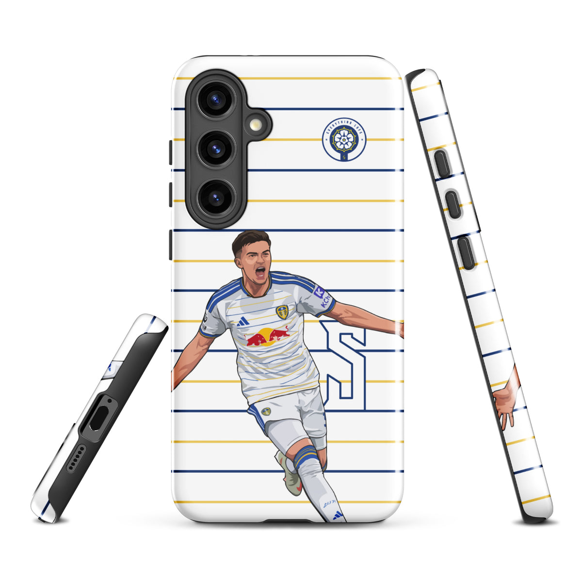 Tough Samsung phone case showing front, back, and side with striped football player print