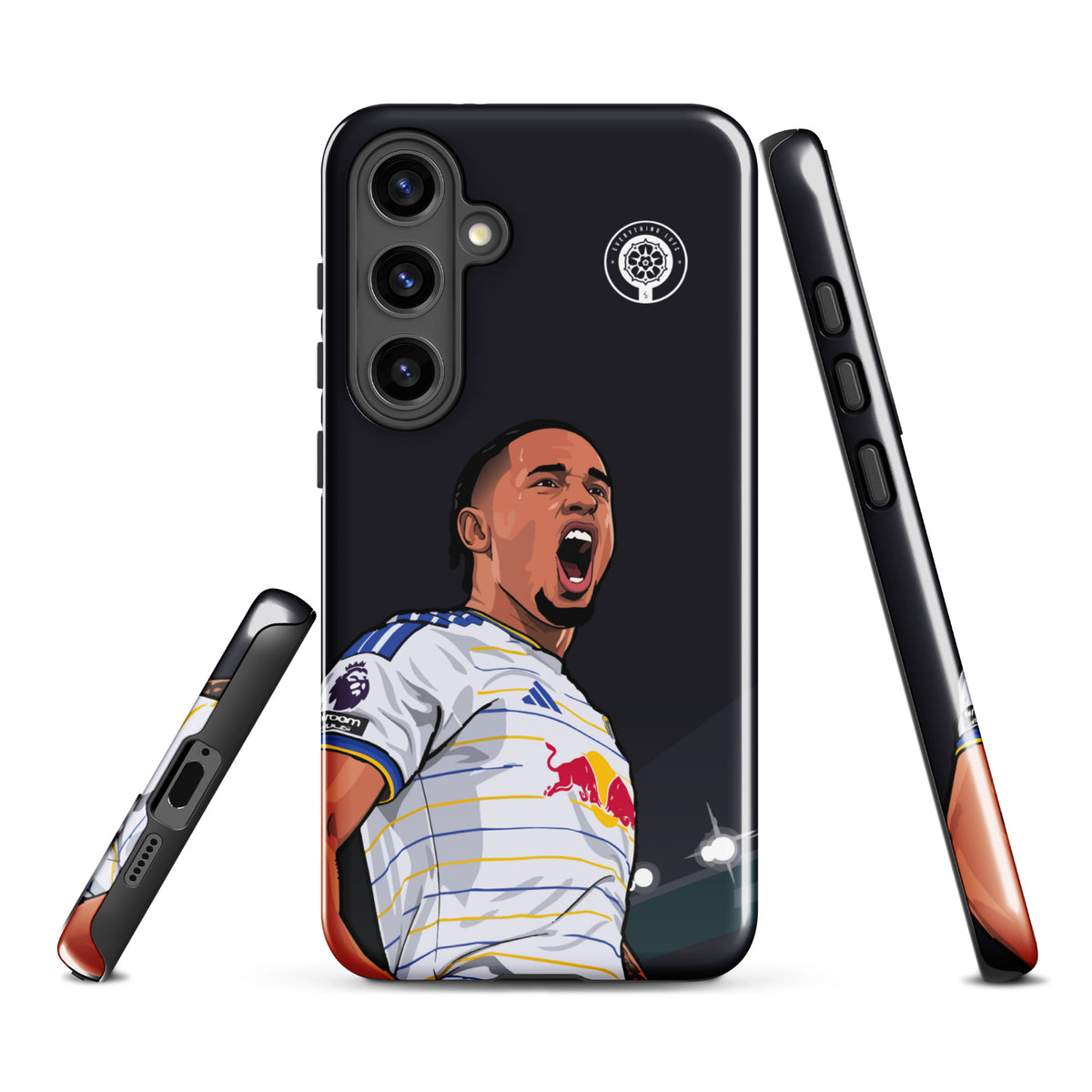 Tough Samsung phone case featuring black back, player graphic, and side button access