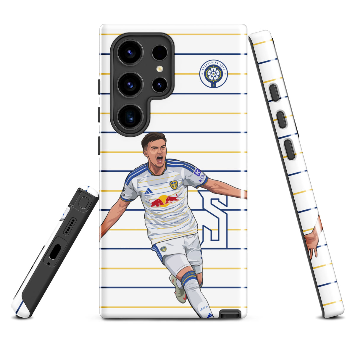 Tough Samsung phone case with blue-and-yellow stripes and football player graphic on back
